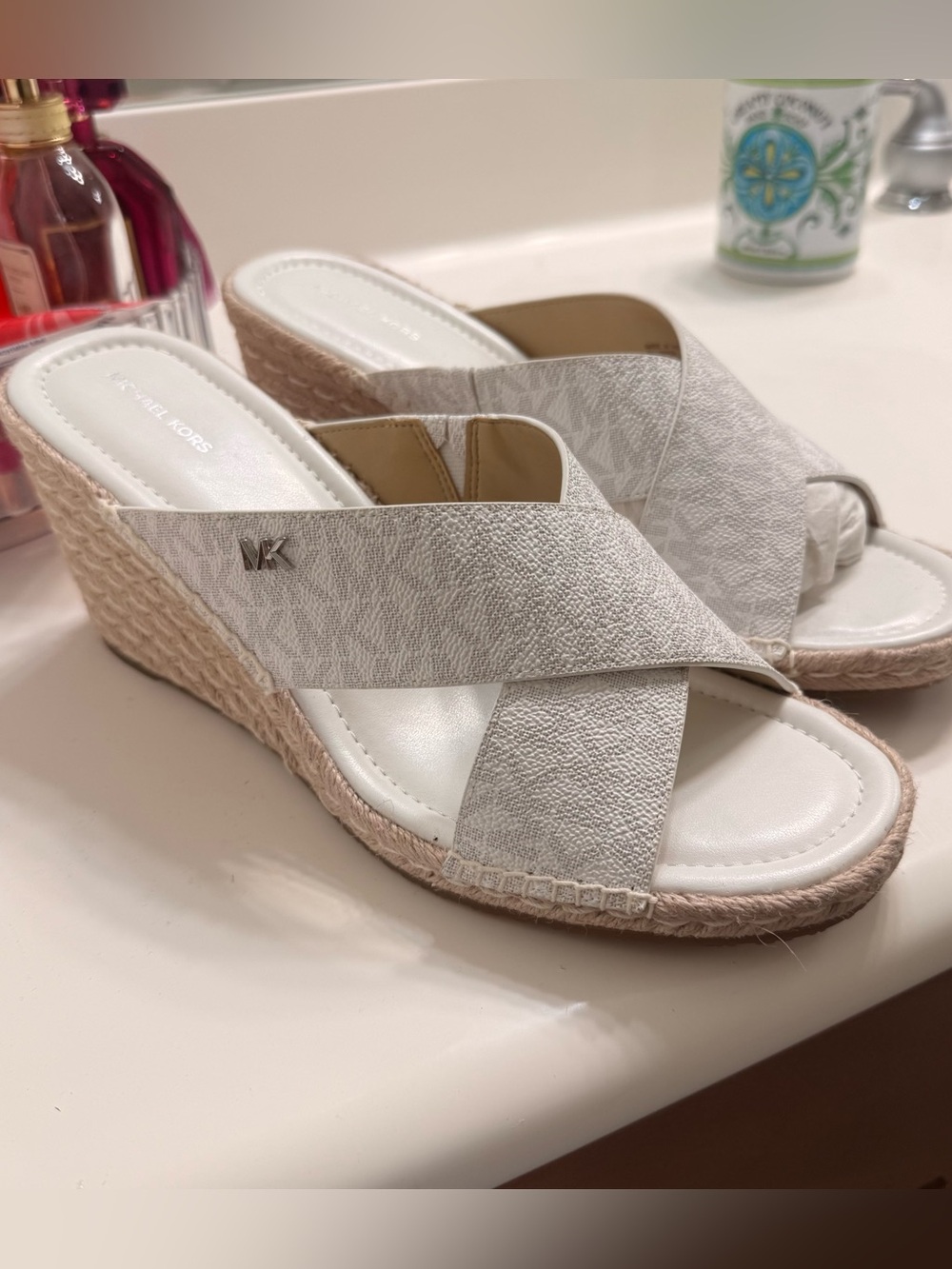 Michael Kors Ivory Crisscross Espadrille Wedge Slides